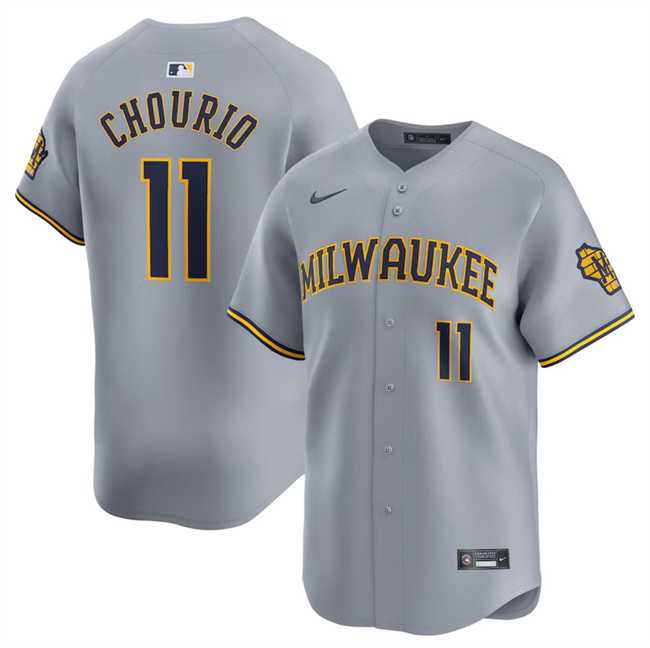 Mens Milwaukee Brewers #11 Jackson Chourio Grey 2024 Away Limited Stitched Baseball Jersey->milwaukee brewers->MLB Jersey